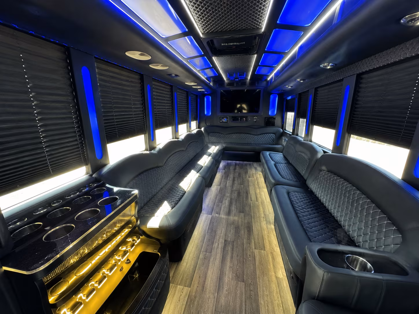 Passenger seating aboard a party bus rental serving Corona