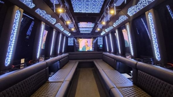 Interior of Charter Bus Company Rancho Cucamonga's 28 Passenger Party Bus in Rancho Cucamonga